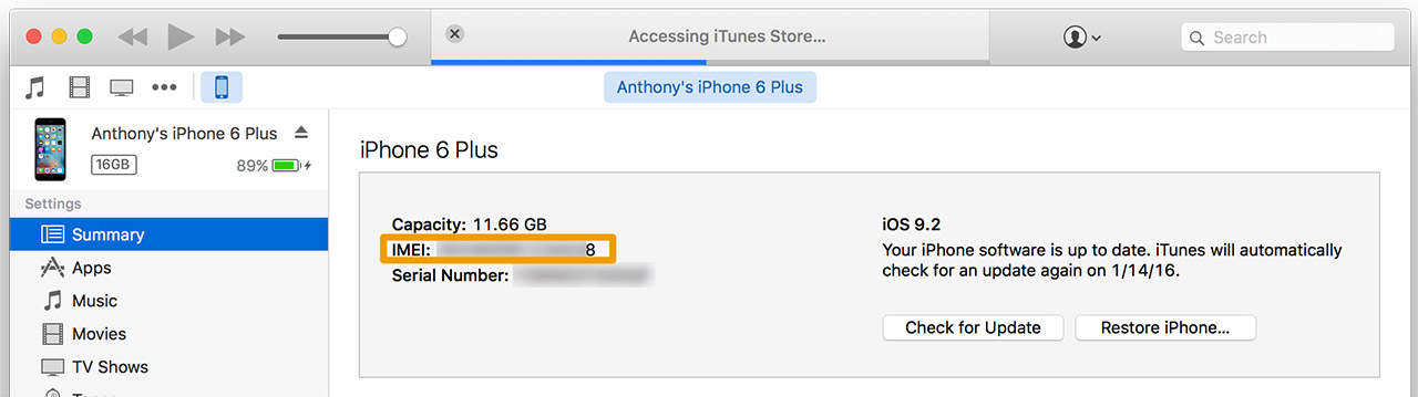IMEI number in iTunes